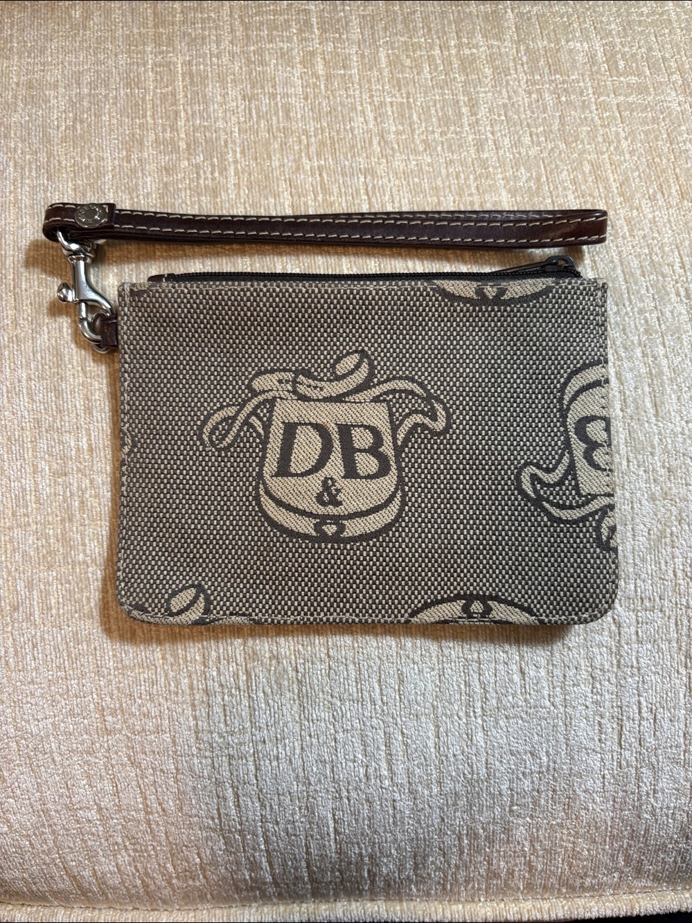 Dooney & Bourke Beige and Brown Canvas Crest Wristlet
